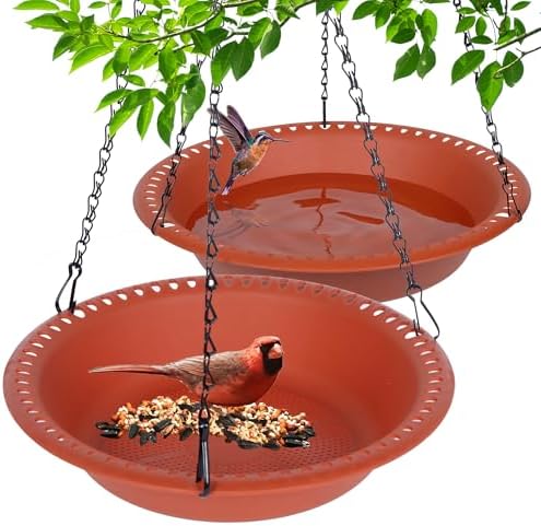 Hanging Bird Feeder and Bird Bath Tray 12 inch, Hanging Seed Feeder for Garden Yard Outside, (2 Pack, Terracotta)