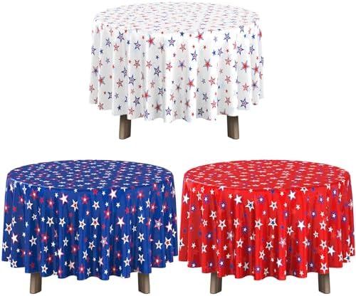 3 Pack 4th of July Memorial Day Tablecloth Decorations, Plastic Round American Red White Blue Stars Table Cloth Patriotic Disposable Table Cover for Independence Day Party Supplies, 54x108 Inch