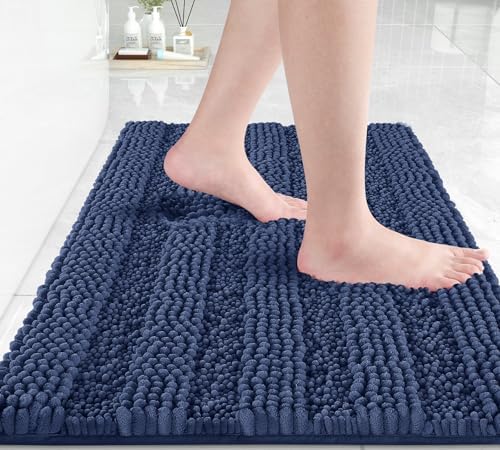 Yimobra Navy Blue Bathroom Rug Mat, Non Slip Quick Dry Bath Mats, Extra Thick and Super Absorbent Bath Rugs, Luxury Microfiber Chenille Plush Fluffy Washable Soft Shower Carpet for Floor, 24" x 17"
