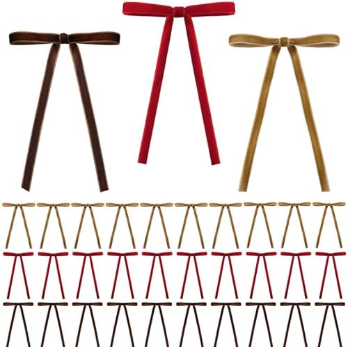 30 Pcs Velvet Ribbon Bows for Christmas Tree Decorations - Assorted Colors (Khaki, Brown, Red) 10 of Each, 5x7 Inch Pre-Tied Rustic Vintage Bows for Wreath, Garland, Gift Wrapping & Holiday Home Décor