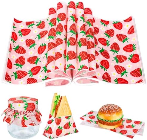 150 Sheet Strawberry Wax Paper Cute Strawberry Daisy Design Food Wrapping Tissue Paper Deli Paper Basket Liners for Home Kitchen Restaurant Baking