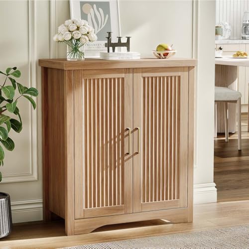 Fluted Buffet Cabinet with Storage Accent Sideboard,Modern Credenza with 2 Doors & Adjustable Shelves,Wood Coffee Bar Table Console for Dining Room Kitchen Living Room Entryway,Natural Oak