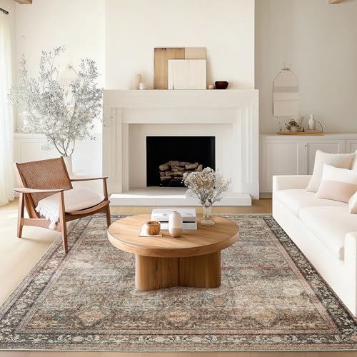 Area Rug 8x10 Machine Washable Non Slip Rug Vintage Carpet Low Pile Soft Carpet Stain Resistant Durable for High-Traffic Areas in Living Room, Bedroom, Dining Room, Home Office