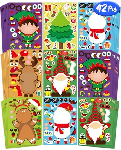 42 Sheets Christmas Party Favor Stickers for Kids, Christmas Goodie Bag Stocking Stuffers Face Stickers, Gifts Games Activities Holiday Sticker Crafts for Kids