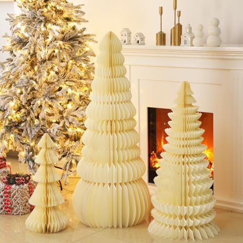 3 PCS Large Honeycomb Christmas Tree - 4ft 3ft 2ft Paper Christmas Folding 3D Home Decorations Set with Magnetic Design for Winter Holiday Festive Party Supplies(Beige White)