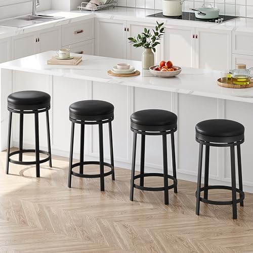 IDEALHOUSE 24'' Swivel Bar Stools Set of 4 with Footrest, Modern Counter Height Barstools with PU Leather Upholstered and Metal Frame, Backless Round Bar Stools for Kitchen Island, Black
