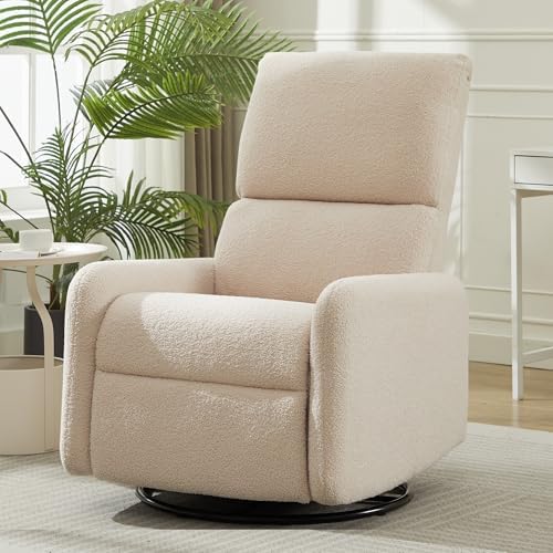 360Â° Swivel Glider Chair, Rocking Chair Nursery with Side Pockets, Deep Cushioned Seat, Nursery Chair with Steel Structure Base, Sherpa Swivel Chairs for Living Room, Bedroom, Baby Room