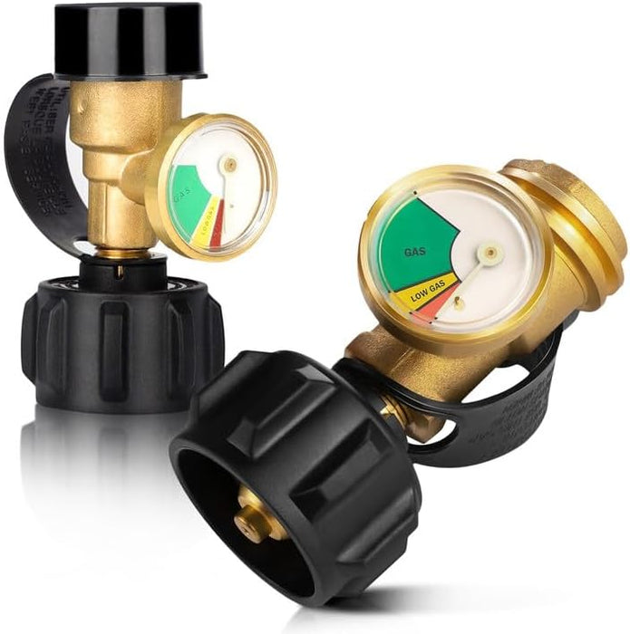 2 PCS Propane Tank Gauge with Leak Detector – Universal Level Indicator for 5-40lb Tanks – QCC1/Type 1 Connection – Brass Construction for BBQ Grills, Camping Stoves & Heaters RV Camper