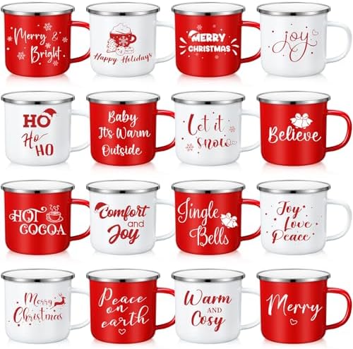 Zhehao 16 Pcs 11 oz Christmas Mugs Holiday Hot Chocolate Mugs Christmas Coworkers Gifts Seasonal Cute Vintage Enamel Tea Cups for Coffee Cocoa Adult Kids Winter Holiday