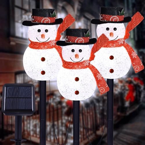 LIGHTSHINE 3PCS Snowman Shape Solar Christmas Lights Decorations, Solar Landscape Pathway Stakes Lights, Outdoor Christmas Decor for Garden, Yard, Patio, Porch (White)