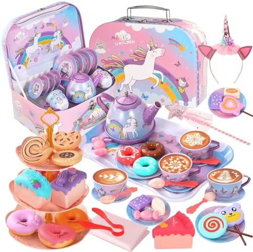 55Pcs Tea Party Set for Little Girls, Princess Tea Party Set, Unicorn Kid Tin Tea Set,Kids Kitchen Pretend Toy, Toddler Tea Party Set for Girl 3-5, Tea Party Set Christmas Birthday Gift for 4 Year Old