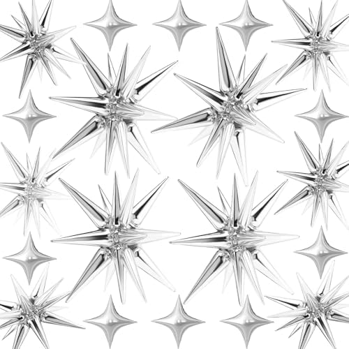 20 Pcs Star Balloons 27”22”Explosion Star Foil Balloons- 12 Point Star Balloons,Silver Spike Balloons and Four Pointed Star Balloos for Party Supplies Christmas Birthday Wedding Photo Booth (Silver)
