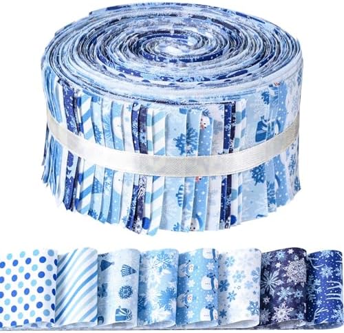 40 Pcs Winter Christmas Snowflakes Cotton Jelly Fabric Strips Blue and White Snowflake Reindeer Patchwork Strips for Quilting Crafting Snowman Precut Patchwork for Sewing DIY Crafts