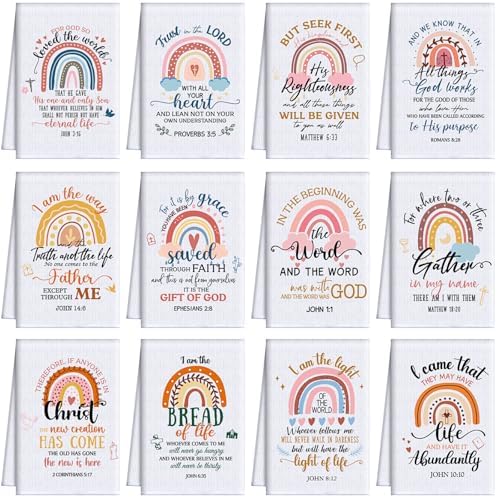 12 Pcs Religious Christian Kitchen Dish Towel 15.7'' x 23.6'' Christian Gifts for Women Men Bible Verse Dishcloth Absorbent Scripture Tea Towel for Housewarming Decor(Rainbow,Boho)