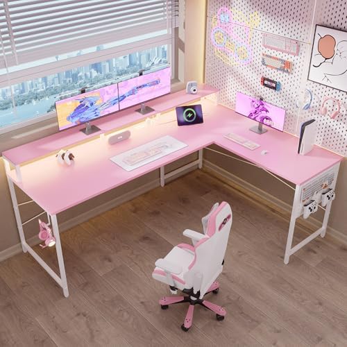 Pamray 64 Inch L Shaped Gaming Desk with Power Outlets and Led Lights, Large Corner Computer Desk with Monitor Stand and Pegboard, PC Table for Home Office and Bedroom Pink