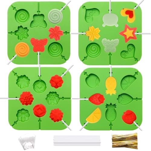 Lollipop Molds Shape, 4Pcs Silicone Molds for Lollipop, 3D Mold for Chocolate, Cute Shape Lollipop Maker Mold Kit for Making Lollipop, Hard Candy with 100 Sticks, 100 Bags and 100 Ties