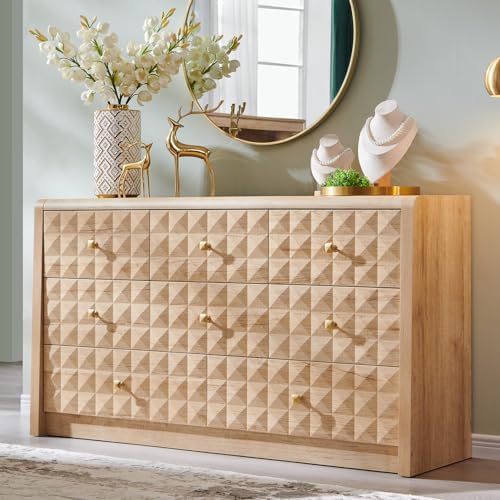 Modern 8 Drawer Dresser for Bedroom, Wooden Large Dressers &Chests of Drawers w/2 Different Drawer Sizes, Mid Century Modern Dresser w/Diamond Panel Decorate for Bedroom, Curved Profile Design,Natural