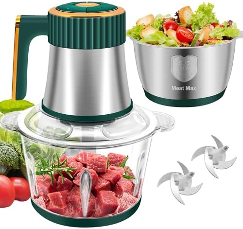 Food Processor, 5-Speed Electric Food Chopper, Meat Grinder with 2 Bowls (8 Cup+8 Cup) & 2 Sets of Blades, Meat Processor for Meat, Vegetables, Fruits and Nuts (Green)