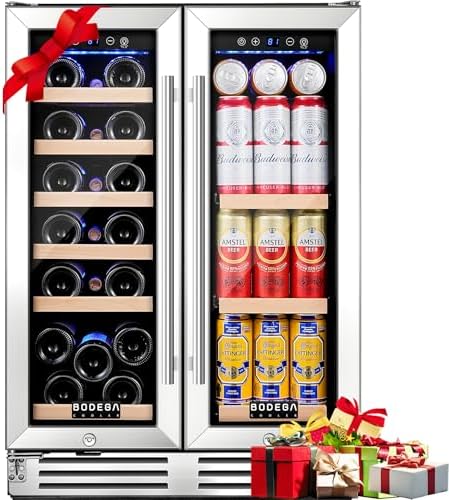 BODEGA 24 Inch Wine and Beverage Refrigerator, Dual Zone Wine and Bar Beverage Cooler, Commercial Black Bar Cooler With 2 Glass Doors, Bar Fridge Hold 19 Bottles and 57 Cans,Built-In or Freestanding.