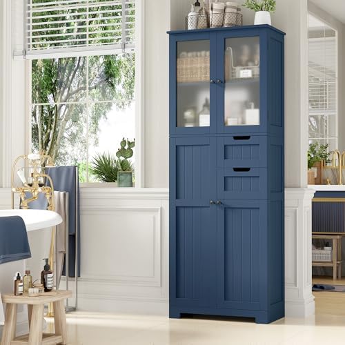 67'' Tall Bathroom Storage Cabinet, Linen Cabinet with Glass Doors and Adjustable Shelves, Kitchen Pantry with 2 Drawers for Bathroom, Living Room, Dining Room, Blue