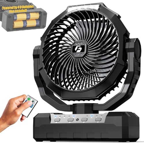 Battery Operated Fan [200H Max], 2 in 1 D-Cell Battery & USB Powered Fans, Portable Camping Fan with 4 Speeds, Light, Timer, Remote for Outdoor Tent, Travel, Picnic, Office, Bedroom - Black