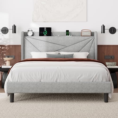 Feonase Queen Bed Frame with Charging Station, Linen Upholstered Platform Bedframe with Wingback Headboard, Solid Wood Slats Support, Noise Free, No Box Spring Needed, Light Grey