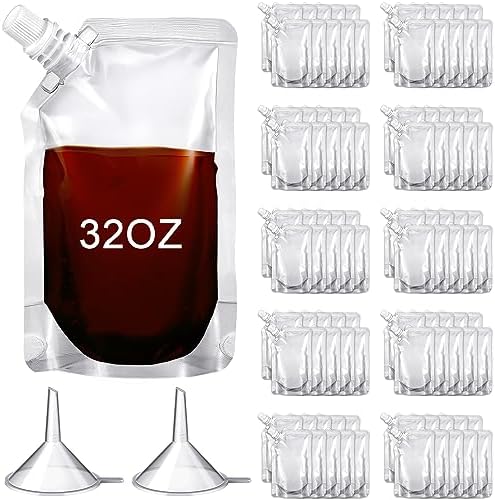 Meanplan 100 Pcs Plastic Pouches Bulk Reusable Squeeze Pouches Clear Juice Drink Bags Leak Proof with Funnel for Adults Travel Beverage Women Men(32 oz,Inclined Mouth)