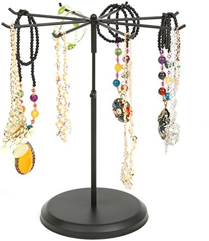 MyGift Black Metal Rotating Necklace and Bracelet Organizer Jewelry Stand with 8 Hooks and Adjustable Height, Multipurpose Accessory Keychain Holder Display Rack for Retail