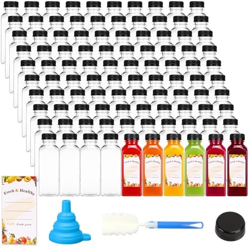 Moretoes 144pcs 12oz Plastic Juice Bottles with Lids, Reusable Clear Bulk Juice Containers for Juicing, Smoothies, Drinking and Other Beverages