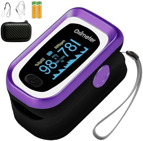 Black Purple Fingertip Pulse Oximeter with Respiration Rate - Medical Grade Fingertip Oximeter, OLED Oxygen Monitor for Adults & Kids