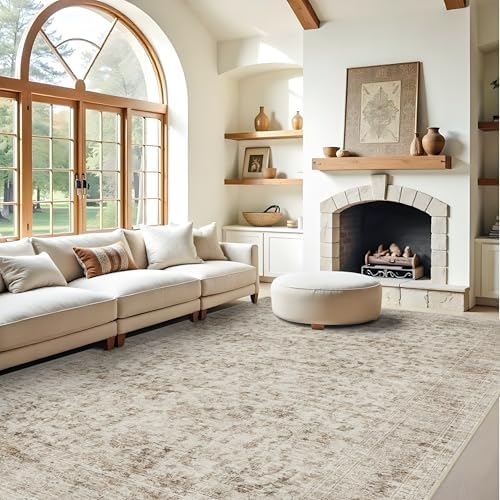 Living Room 9x12 Area Rugs - Large Boho Rugs for Living Room Stain Resistant Carpet Vintage Tribal Rugs for Bedroom with Non Slip Backing Home Decor Floor Decoration Mat 9x12 Beige/Brown