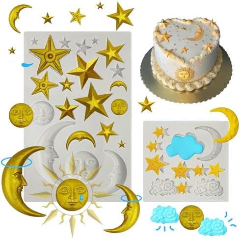 2 Pcs Moon Star Sun Face Silicone Molds Cloud Fondant Cake Molds Candy Polymer Clay Molds Silicone Moon Chocolate Mold for Cake Decorating, Cupcake, DIY Crafts, Fondant,Clay