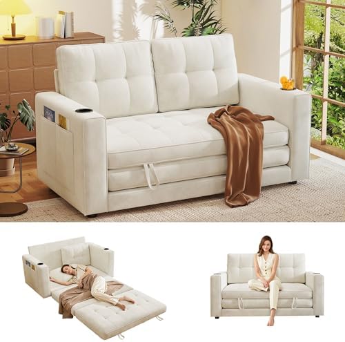 55" Convertible Folding Sofa Bed, Pull Out Couch Love Seat Sleeper Bed, Small Fold Out Loveseat Sleeper with Cup Holder and Pillow for Small Space, Bedroom Lounge, Dorm, Living Room(Beige Chenille)