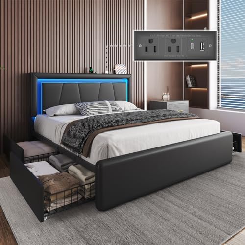 Full Size Bed Frame with 4 Storage Drawers and LED Lights, Upholstered Platform Bed with Adjustable Headboard and Charging Station, Metal Slats Support, No Box Spring Needed,Easy Assembly, Black