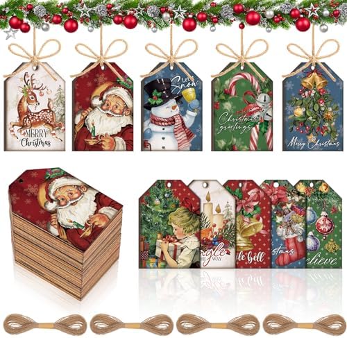 Blulu 60 Pcs Christmas Wooden Ornaments Bulk Winter Tag Labels Christmas Tree Ornaments Rustic Xmas Wishes Holiday Gift Tags Hanging Craft Label for Christmas Decoration, 3 x 2 Inch(Retro)