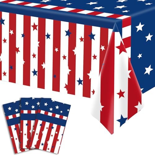 3-Piece 54 x 108 Inch American Flag Plastic Tablecloth - Stars and Stripes Design, Disposable Rectangle Table Cover for Dining, Picnic, 4th of July Patriotic Memorial Day Indoor Outdoor Decorations