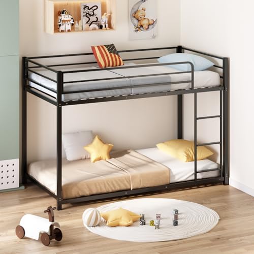 JOYMOR Bunk Bed Twin Over Twin, Metal Twin Size Bed Frame with Safety Guardraild for Boys Girls, Junior, Low Profile Space Saving Design, Mattress Not Included (Black)