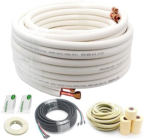 50ft Length Mini Split Line Set 1/4" 1/2" OD Copper Pipes Tubing and 3/8 White PE Thickened Insulated with Flared Nuts for Mini Split Air Conditioner HVAC or Heat Pump for 9000BTU (1/4+1/2 with wires)