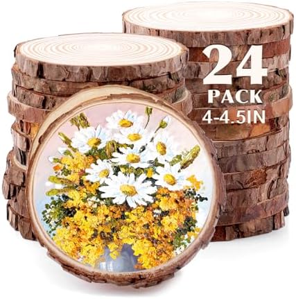 24 Pcs Unfinished Natural Wood Slices for Crafts.4-4.5 Inch Wood Rounds for Craft Supplies. Wood Circles with Tree Bark for Christmas Ornaments,DIY Gifts,Wood Coasters.Painting.