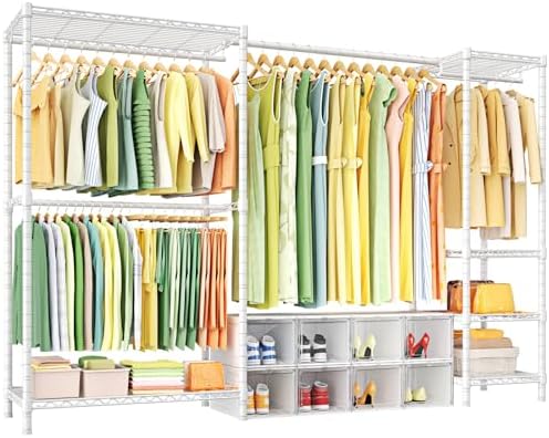 Ulif E10 Clothes Rack（With Stretchable Hanger Rod）Freestanding Clothing Racks for Hanging Clothes，Adjustable Closet Organizer System，Portable Garment Rack 73-97"W x 15" D x 72" H，Max Load 800LBS，White