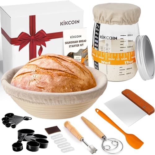 Complete Sourdough Starter Kit, Kikcoin 26PCS Banneton Bread Proofing Basket Set Includes 35oz Sourdough Starter Jar, Sourdough Bread Baking Supplies with Bread Lame, Danish Whisk, Dough Scraper