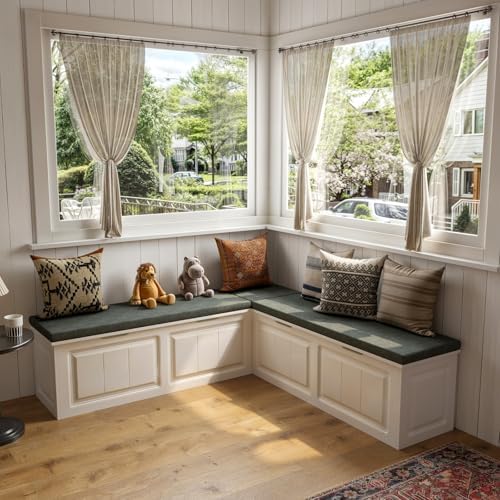 L Shape Storage Bench, Kitchen Breakfast Nook Bench, Backless Corner Bench Nook with Storage, Shoe Benches with Cushion for Entryway Cloakroom, White and Grey, 63”D x 63”W x 18.3”H