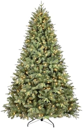 6FT Pre-Lit Artificial Christmas Tree with 1458 PE&PVC Mixed Branch Tips, 400 Warm White Lights, Hinged Premium Spruce Fake Xmas Trees, Green, Foldable Base