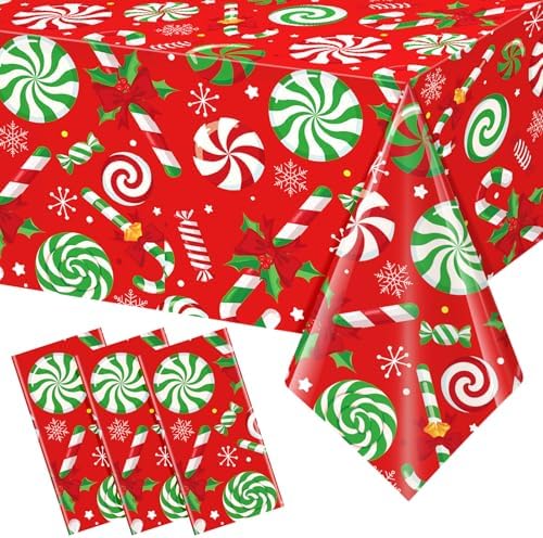 3 Pcs Christmas Candy Cane Plastic Tablecloths,Disposable Xmas Peppermint Swirl Red Green White Table Cloth Rectangle Kitchen Dinner Table Cover for Christmas Holiday Party Decorations,54x108 Inch