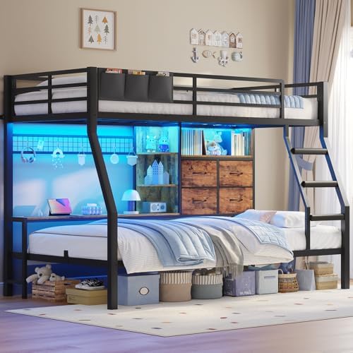 BTHFST Bunk Bed Twin Over Twin with 4 Storage Drawers & Shelves & Bedside Caddy, Twin Bunk Beds with Led Lights & Charging Station, Metal Bunk Bed with Angled Ladder & Safety Guardrail, Rustic Brown
