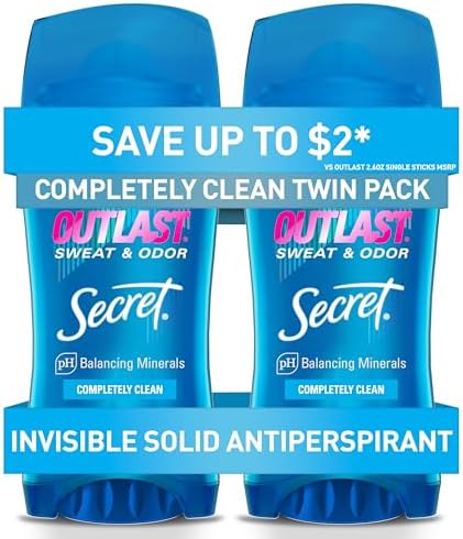 Secret Outlast Antiperspirant and Deodorant for Women, Invisible Solid, Completely Clean Scent, 2.6 oz (Pack of 2)
