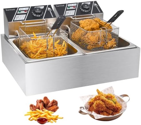 Commercial Deep Fryer with Baskets, 3400W 12.7QT/12L Thickened Stainless Steel Countertop Electric Oil Fryer, Large Capacity with Temperature Control, silver