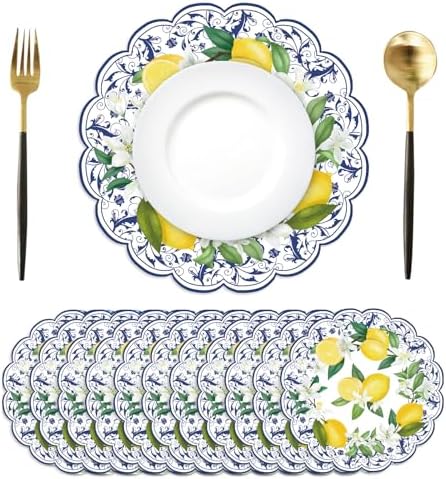 50Pcs Lemon Round Paper Placemats,13.4 Inch Cyan Blue Tiles Lemon Paper Place Mats Summer Fruit Scalloped Disposable Table Mats for Party Kitchen Dining Holiday Birthday Party Supplies
