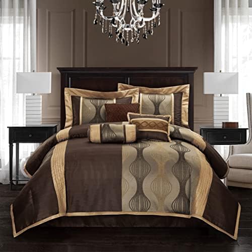 Grand Avenue Elegant Brown Comforter Set King, Striped,7 Piece Bed in a Bag, Jacquard Bedding Set All Season, Matching Decorative Pillows, Pillow Sham