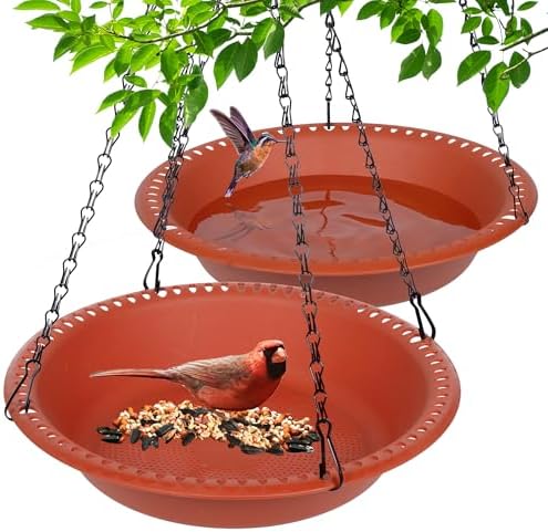 Hanging Bird Feeder and Bird Bath Tray 16 inch, Large Hanging Seed Feeder for Garden Yard Outside, (2 Pack, Terracotta)